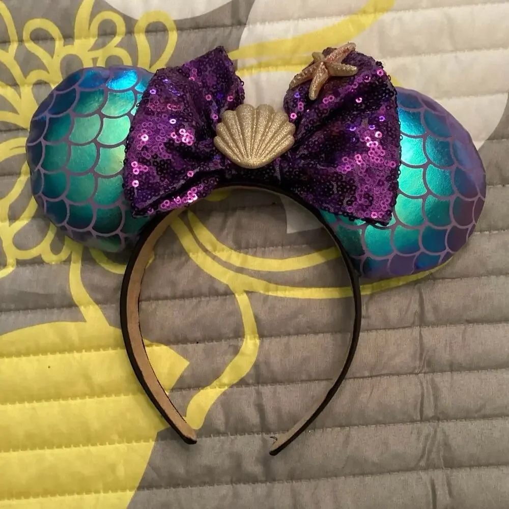 NWT Handmade Little Mermaid Princess Ariel Iridescent Sequin Shell Headband Ears